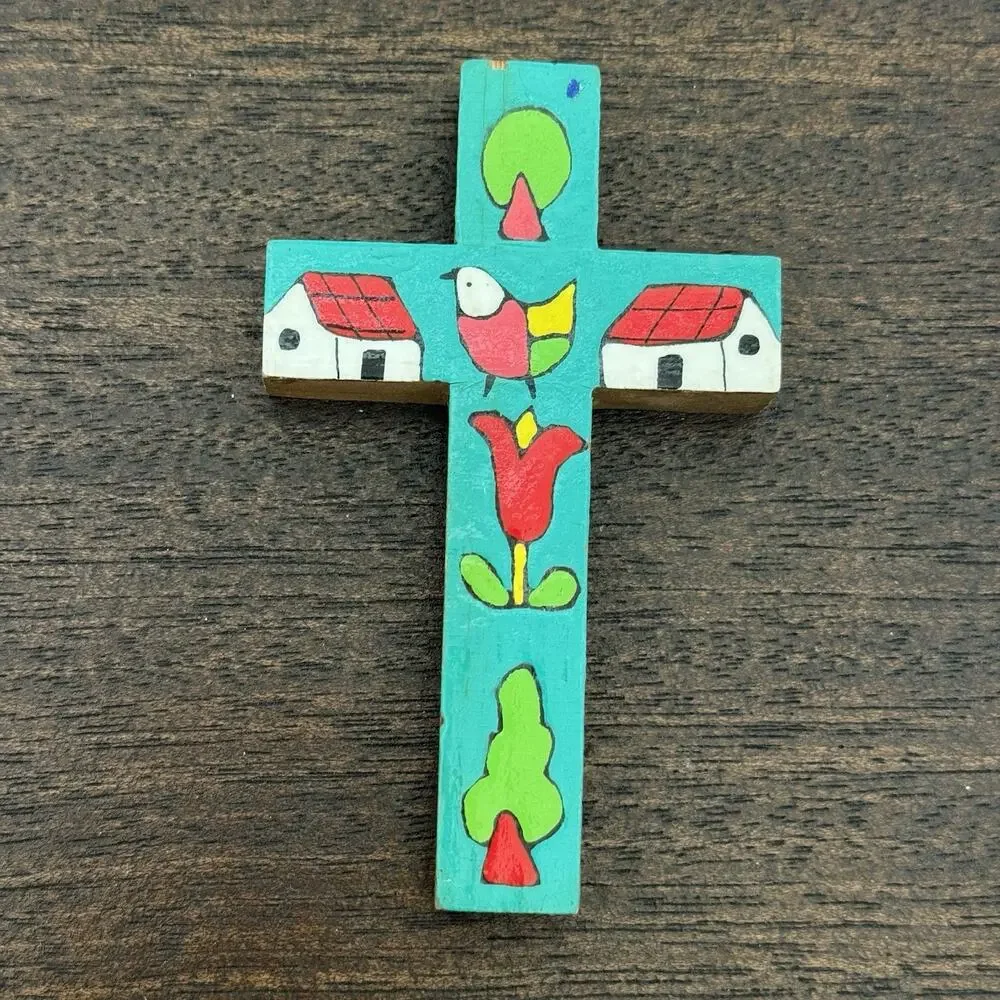 Cross El Salvador Vtg Handmade Turquoise Bird Floral Folk Art Artisan Religious